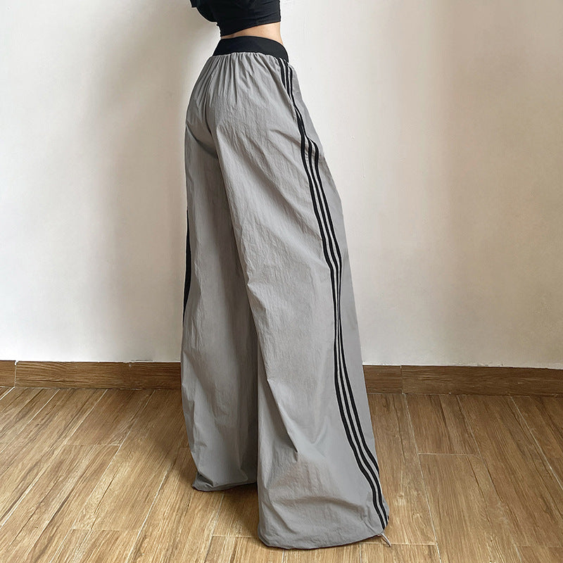 Fall Women Clothing Solid Color Loose Street High Waist Contrast Color Straight Wide Leg Pants