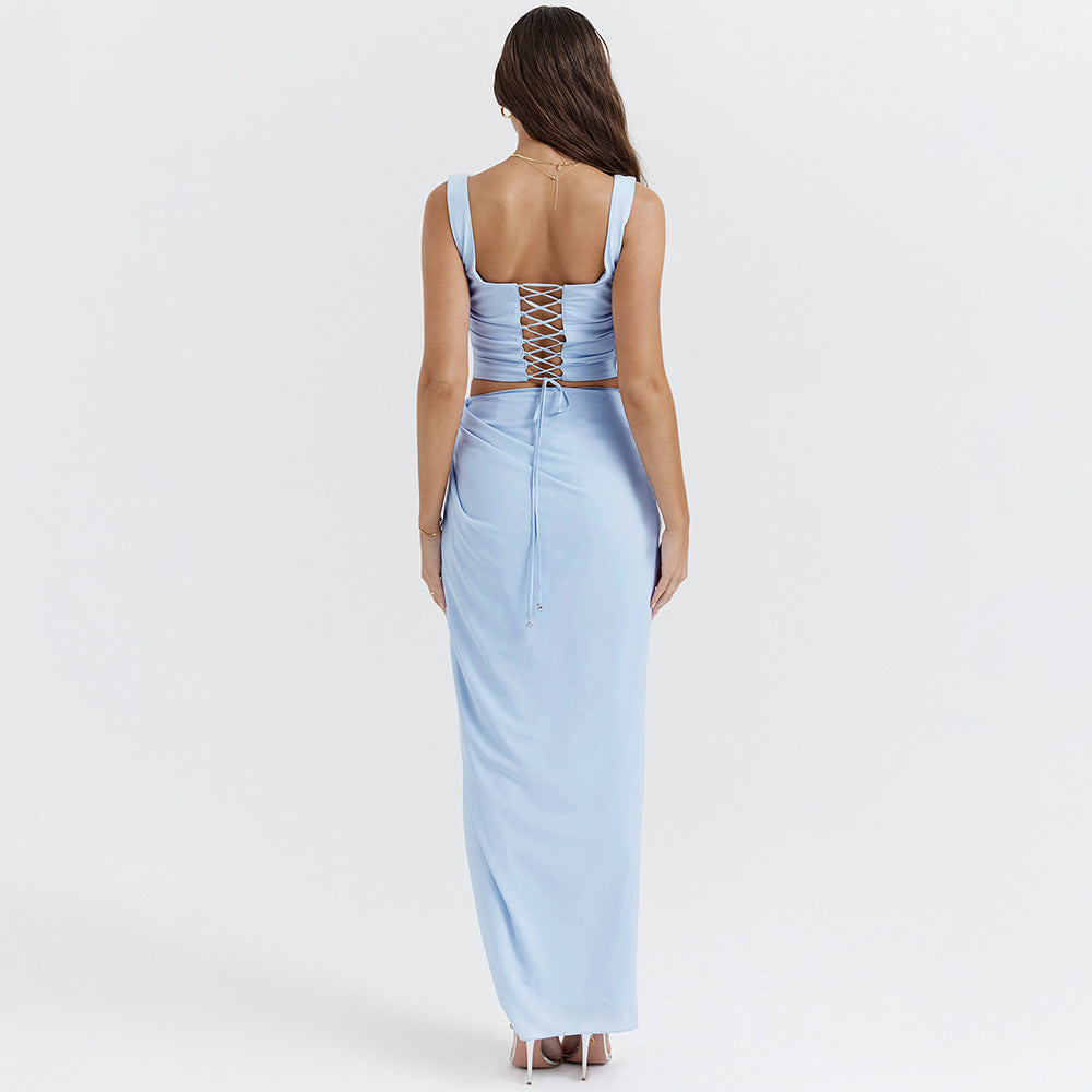 Summer Women Chiffon Printed Sexy Spaghetti Straps Cropped Top Skirt Split Dress Two Piece Sets