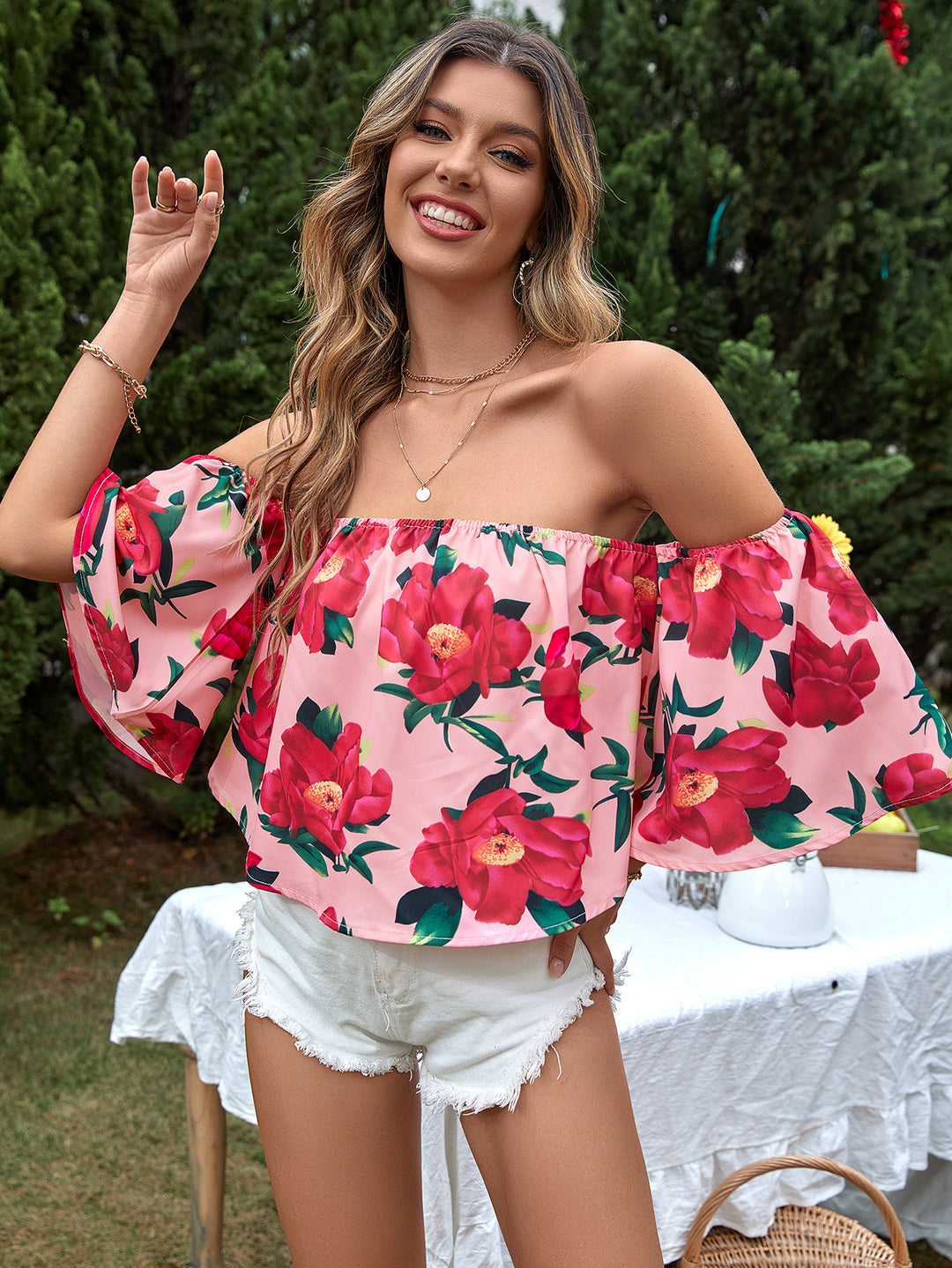 Women Clothing Casual Vacation All Match off Shoulder Floral Shirt