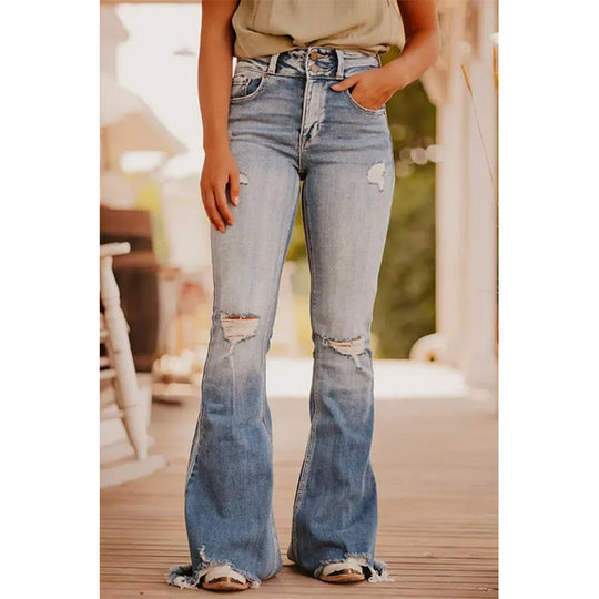 Women Clothing Blue Color Ripped Flared Jeans Washed out Vintage Denim Trousers Women