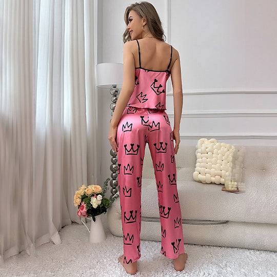 Ice Silk Pajamas Women Summer Cami Dress Trousers Suit Home Wear