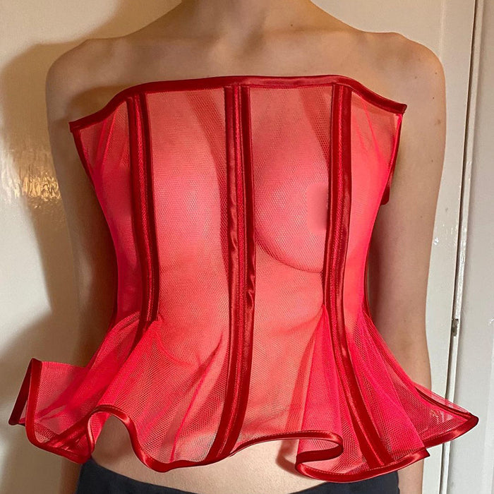Summer Solid Color Sleeveless Cardigan Zipper off Shoulder Mesh Transparent Waist Women