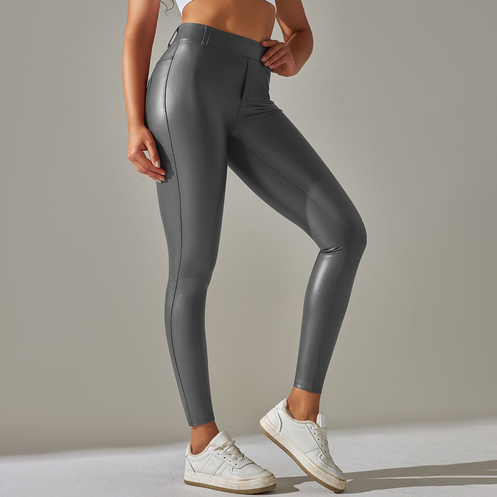 Faux Leather Pants High Elastic Sexy Solid Color Bright Surface Thin Velvet Tight Pocket Fitness Trousers Running Yoga Pants