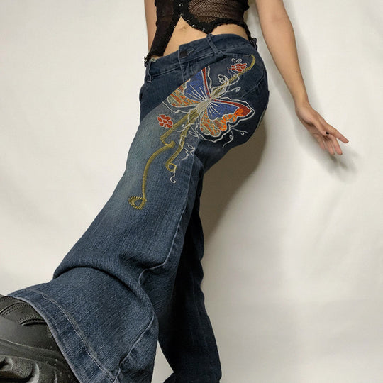 Retro Distressed Butterfly Embroidered Jeans Women Autumn Winter Sexy Low Waist Mopping Floor Straight Leg Trousers