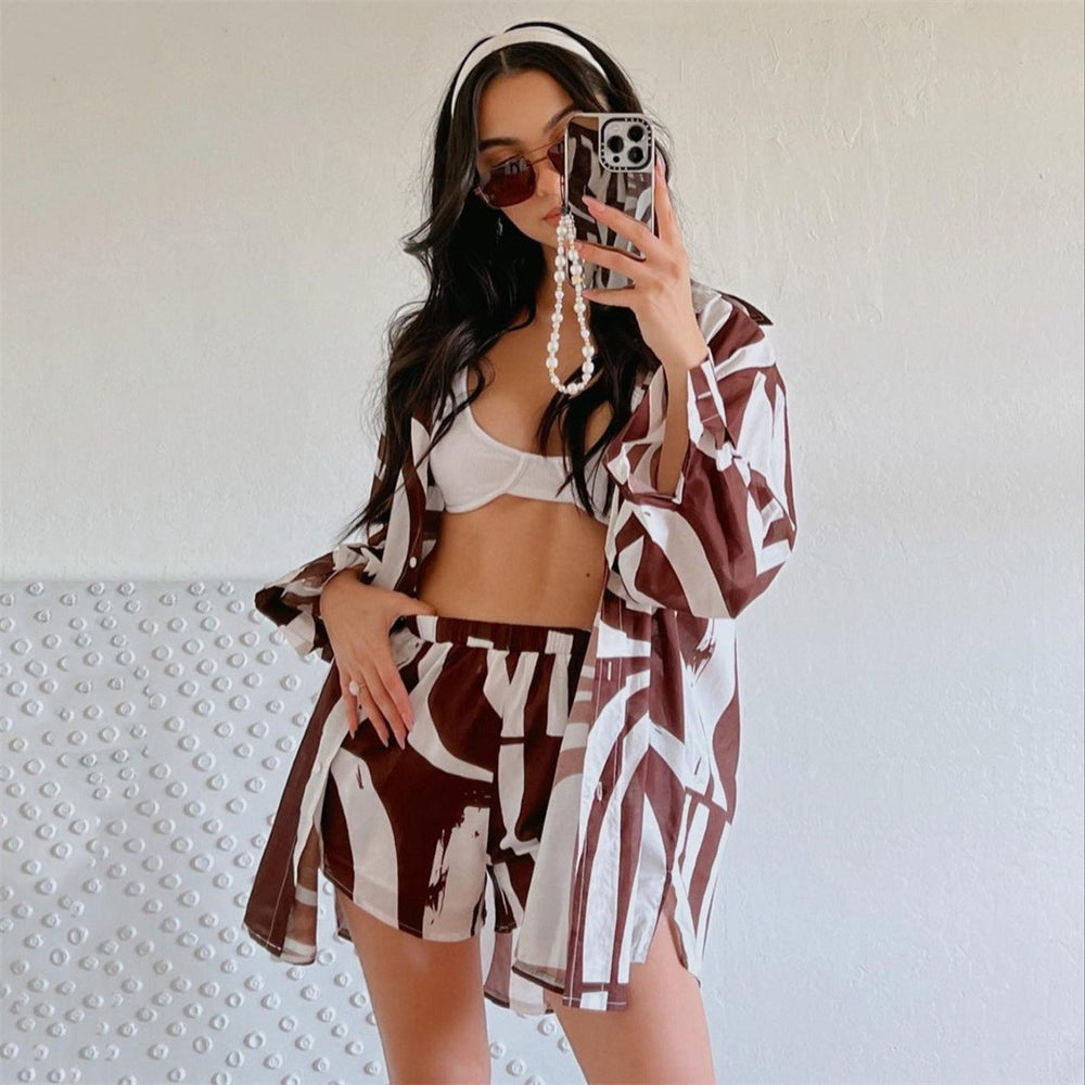 Spring Summer Beach Casual Suit Women  Loose Collared Long Sleeves Shirt Shorts Two Piece Women  Clothing