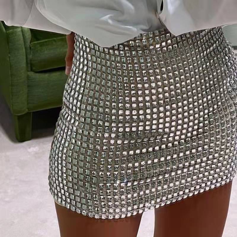 Spring Sexy Women Wear Solid Color Slim Mesh Sequined Hip Bag Skirt Women
