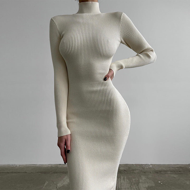 High Collar Mid Length Sunken Stripe Knitted Dress Women Solid Color Wool Tight Sexy Autumn Winter Dress