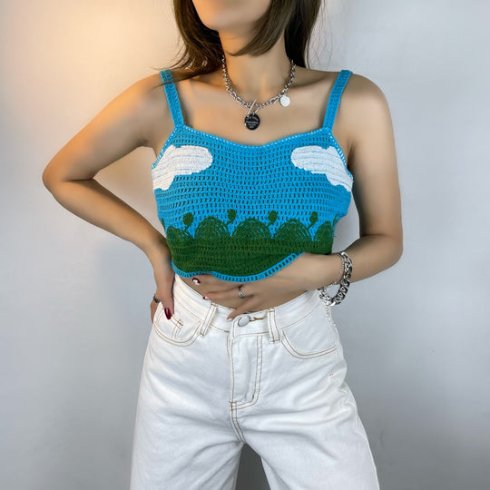 Spring Summer Fresh Blue Cloud Knitted Vest Camisole Exposed All Matching Short