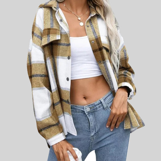 Woolen Plaid Long Sleeve Turn Down Collar Coat Thick Casual Loose Shirt