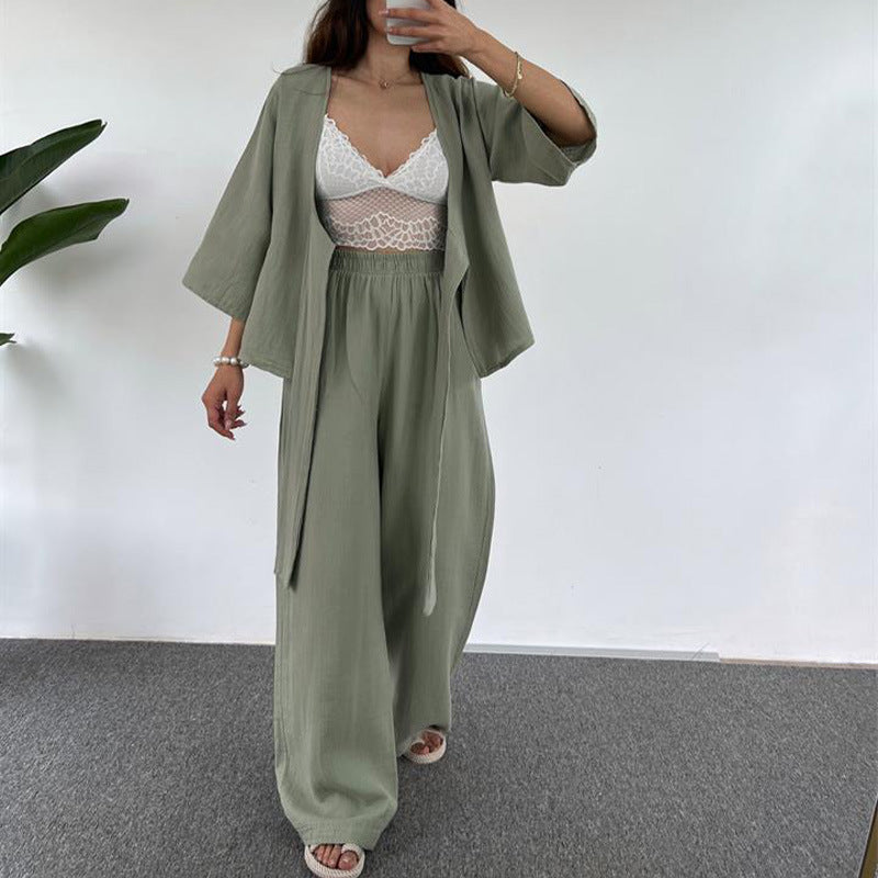 Women Casual Loose Outfit Plain Lace Up Three Quarter Length Sleeves Cardigan Trousers Two Piece Set