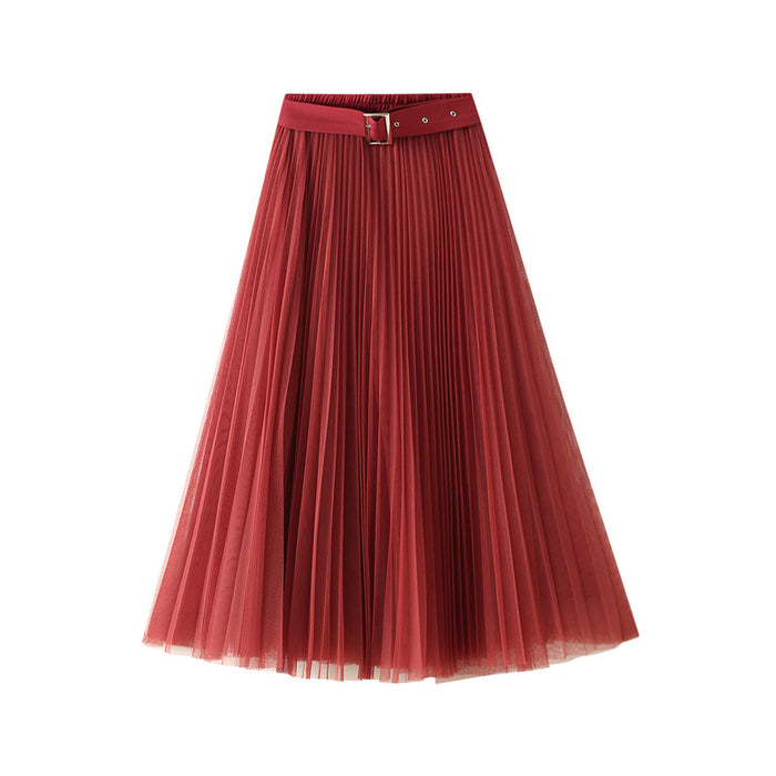 With Belt Mesh Skirt Women Autumn Winter High Waist Mid-Length Pleated Skirt A- Line Fairy  Gauze Skirt Skirt Skirt