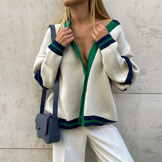Contrast Color Cardigan Loose Casual Autumn Winter Sweater Women Striped Simple Knitted Sweater Coat