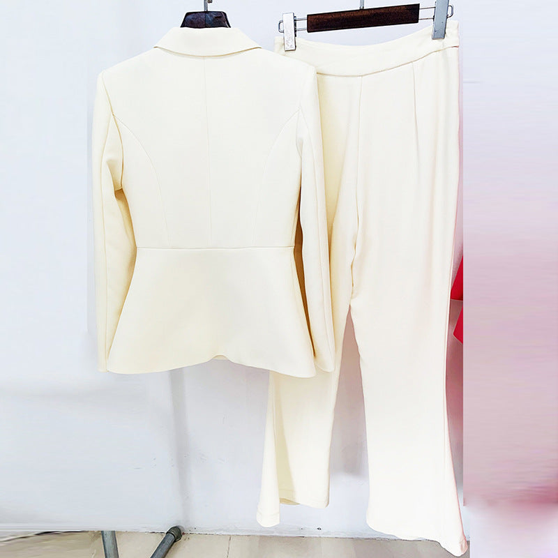 Goods Star Simple Cream Color Hidden Hook Waist Tight Suit Bell Bottom Pants Suit Two Piece Suit