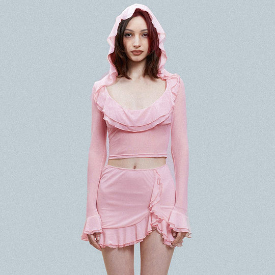 Pink Ruffled Hooded Low Collar Suit Women Summer