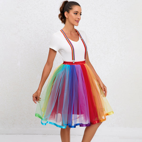 Christmas Super Canopy Multi Layer Rainbow Gauze Skirt Pettiskirt Adult Colorful Suspender Skirt Mesh Suspender Princess Dress