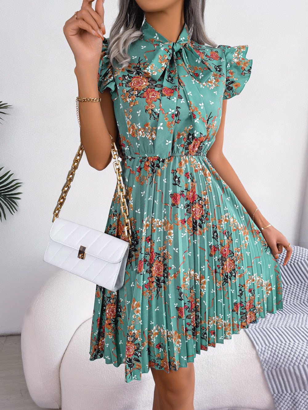Spring Summer Dignified Floral Lace up Waist Controlled Large Hem Pleated Dress Women Clothing