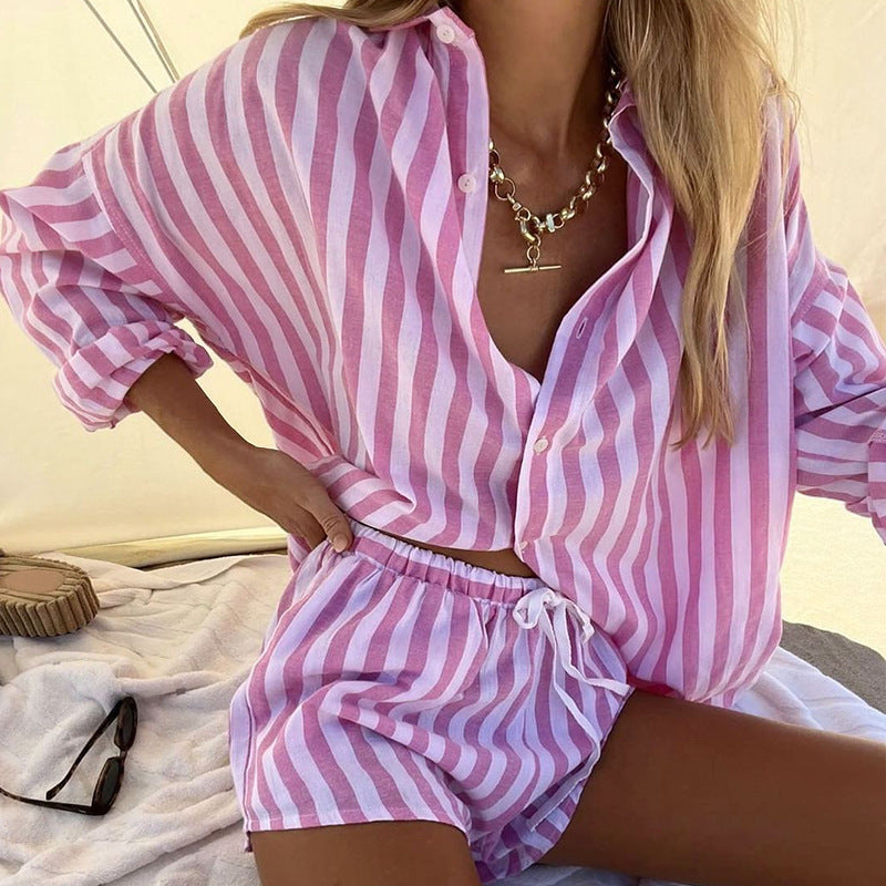 Summer Women Clothing Loose Cardigan Top Striped Casual Shorts Two-Piece Set