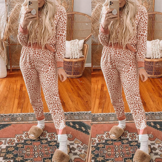 Five-Pointed Star Printed Long-Sleeved Casual Suit Pajamas Pajamas for Women Autumn Winter