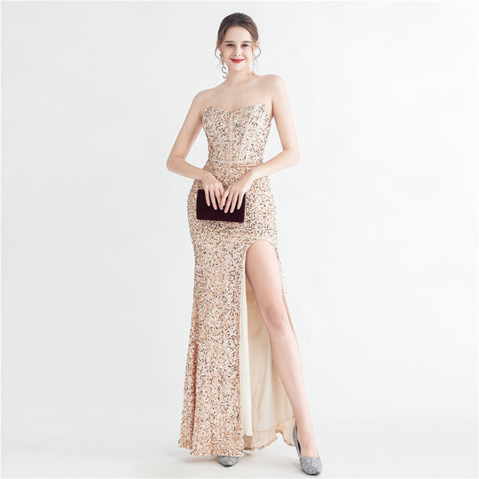 Colorful Sequin Lash Rope Chest Side Slit Tube Top Boning Corset Evening Dress