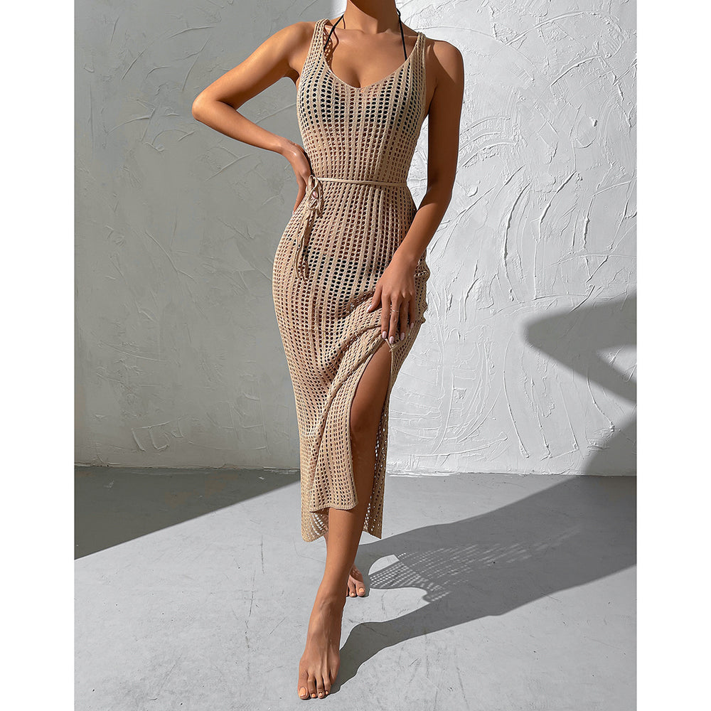 Vacation Beach Sexy Smock Dress Hollow Out Cutout Out See Through Backless Knitted Dress Women