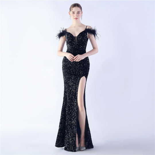 Craft Order Ostrich Feather High Density Sequined Long Evening Dress