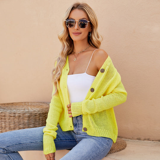 Spring Summer Women Clothing Casual Raglan Sleeve Knitted Thin Coat Fluorescent Powder V Neck Knitted Cardigan