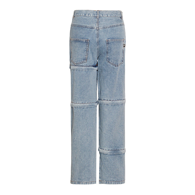 Personalized Street Brand Design Jeans Autumn High Waist Stitching Detachable Straight Leg Pants for Women