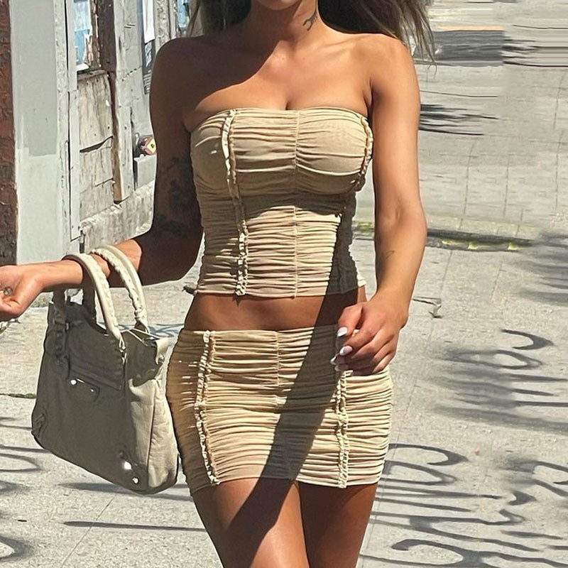 Street Shooting sexy Sexy Tube Top Short Vest Two-Piece Set Summer New Sheer Mesh Skirt Outfit