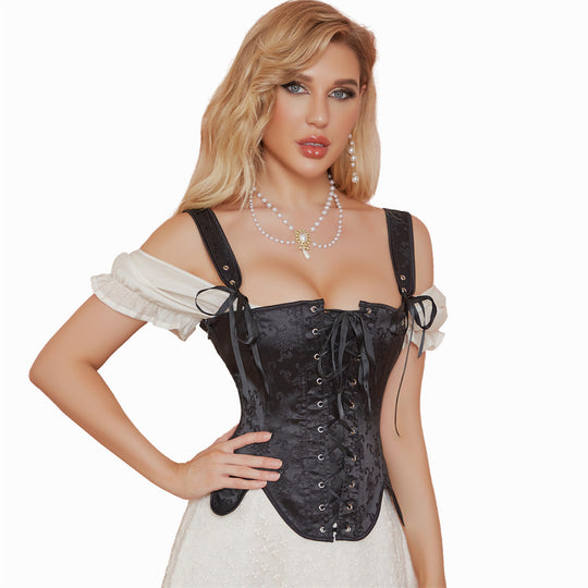 Court Costume Black 12 Bone Reinforced Lace up Leather Corset with Leather Ring Corset