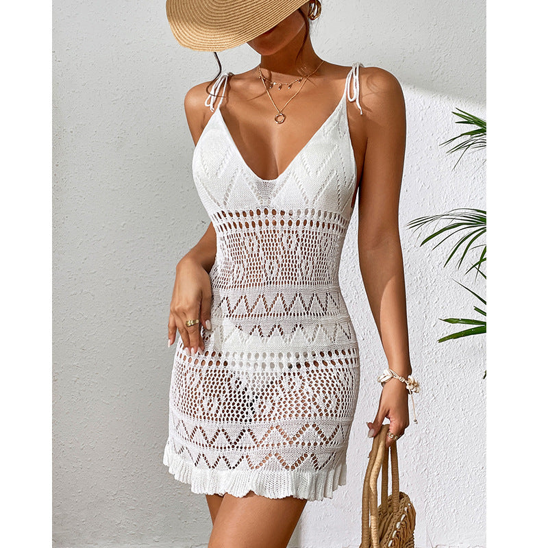 Women Clothing Short Knitted Sling Deep V Plunge See through Sexy Hollow Out Cutout Floral Hem Jumpsuit Knitted Beach Dress