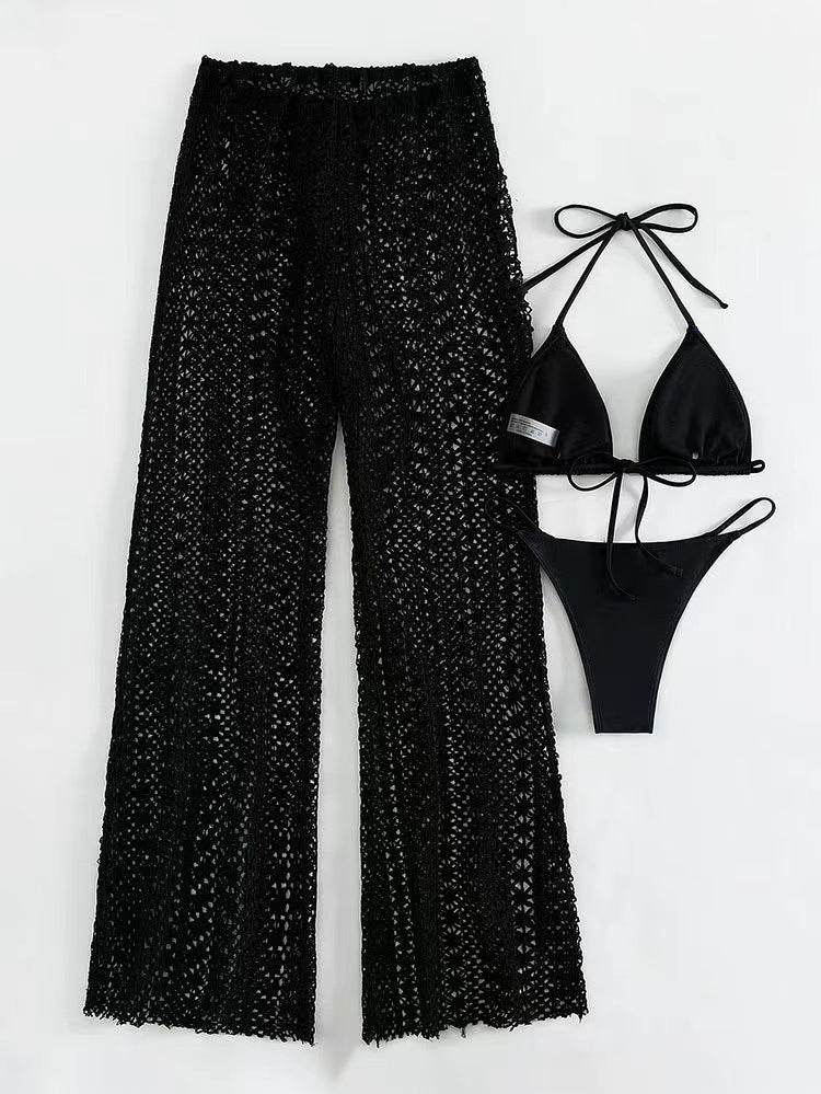 Sexy Korean Solid Color Knitted Trousers Bikini Three Piece Set