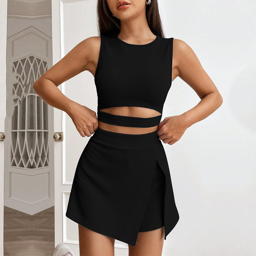 Women Clothing Cropped Bare Cropped Slim Fit Sleeveless Knitted Vest High Waist Stretch Culottes Suit