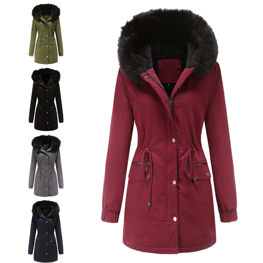 Autumn Winter Parka Women Fleece Lined Coat Women with Fur Collar Hooded Warm Jacket Loose Cotton Coat Plus Size