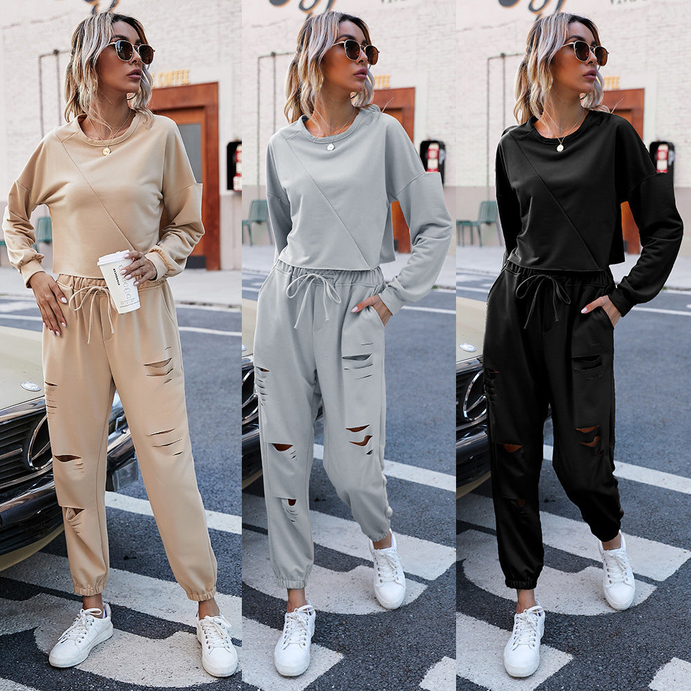 Autumn Winter Women Clothes Casual two piece set Loose Hole Sports Sweater Suit