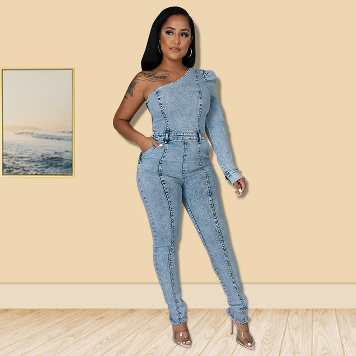 New Women Clothes Autumn New Single Sleeve Off The Shoulder Sexy Denim Jumpsuit