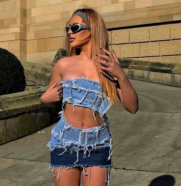 Denim Stitching Brushed Distressed Beggar Japanese Buckle Wrapped Chest Cropped Tank Top High Waist Miniskirt Two Piece Set