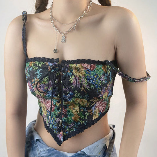 Court Lace up Short Sling Summer Sexy Machine Embroidery Tube Top