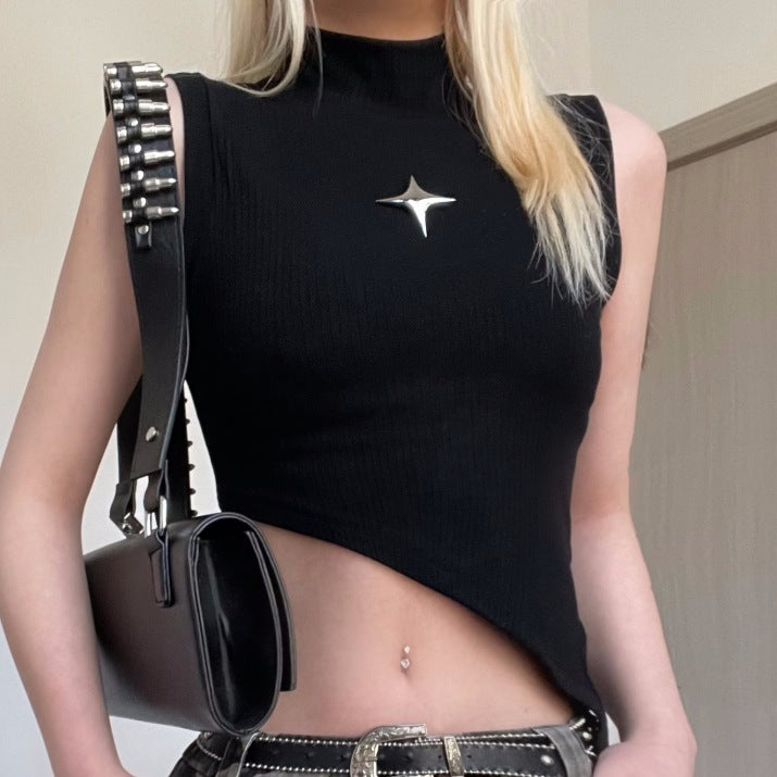 Metal Five Pointed Star Decorative Stitching Half Turtleneck Sleeveless Beveled Bare Cropped Slim Fit Top Sexy Vest