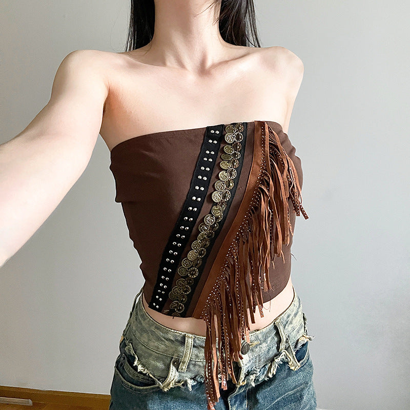 Exotic Ethnic Metal Vintage Ornament Burrs Tube Top Two Piece Waste Soil Sexy Slim Fit Inner Wear Vest Top