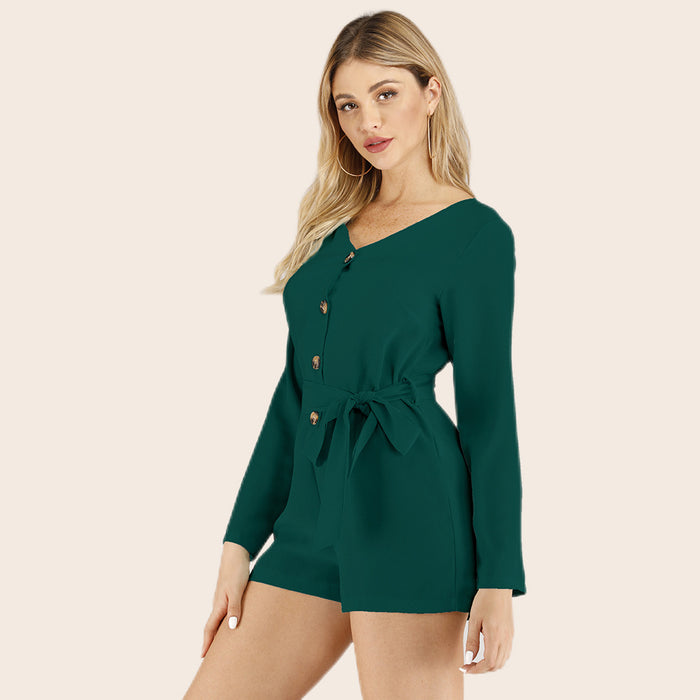 Summer Solid Color Simple Single Breasted V-neck Waist-Controlled Slimming Long Sleeve Romper