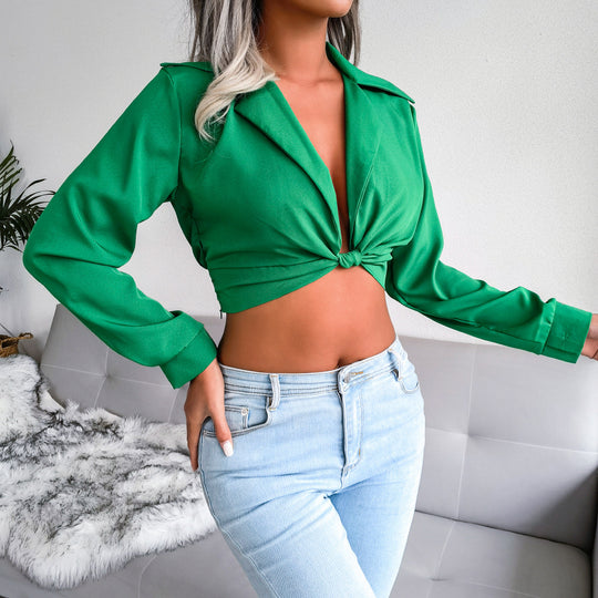 Suit Collar Knotted Shirt Cropped Top Women Clothing Spring Summer