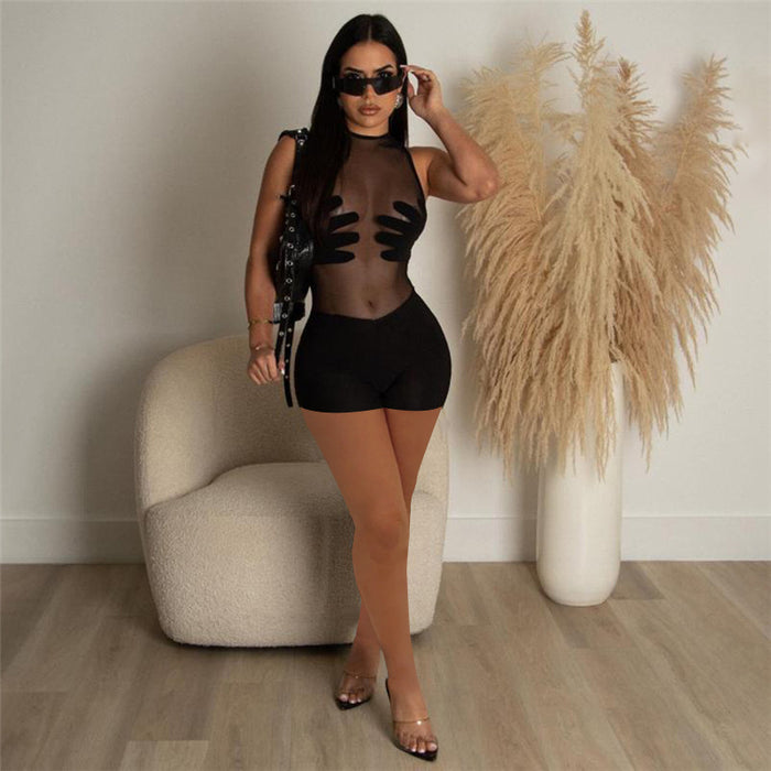 Summer Women Clothing Sexy Mesh Perspective Stitching High Waist Sleeveless Tight Romper for Women