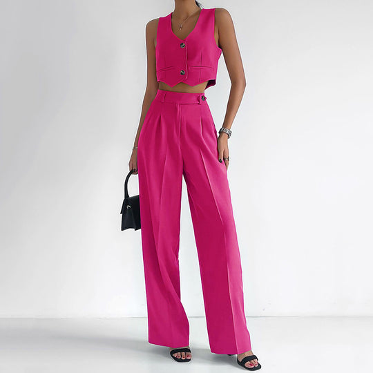 Summer Cotton Linen Suit Women V Neck Slim Fit Vest Sleeveless Top Straight Leg Trousers Two Piece Set