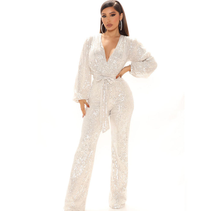 Women Clothing Sexy V-neck Sequined One-Piece Wide Leg One-Piece Trousers