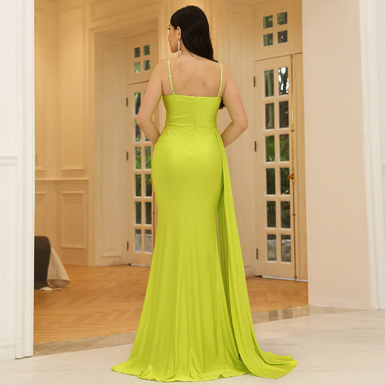 Green Evening Dress V Neck Elegant Fishtail High Sense Ladies Cocktail Host Toast Dress Women