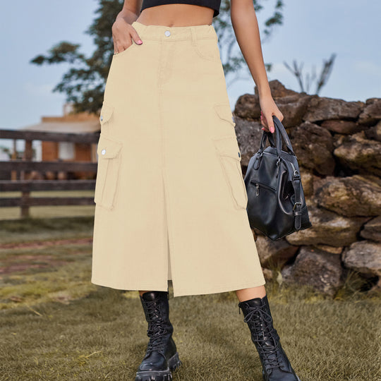Women Clothing Sexy Elastic Waist Denim Cargo Pants Casual Midi Dress Skirt