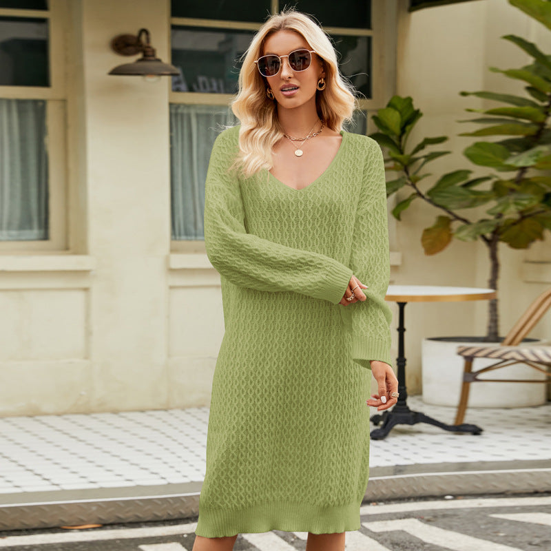 Women Clothing Loose Solid Color Knitted Sweater Dress Autumn Winter Long Idle Pullover Sweater Dress