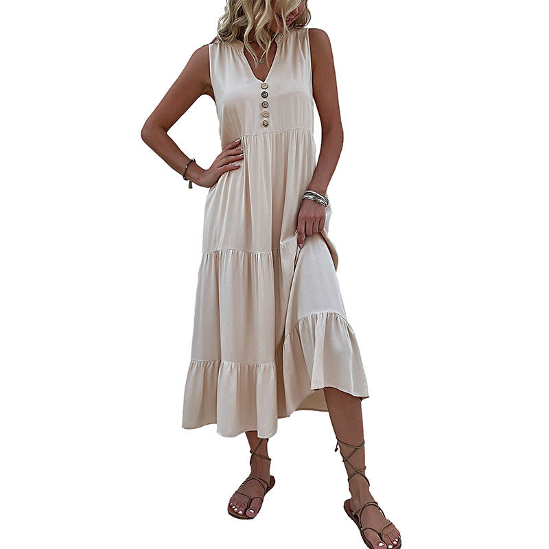 Summer Vest Dress Sleeveless Loose Casual Solid Color Babydoll Dress