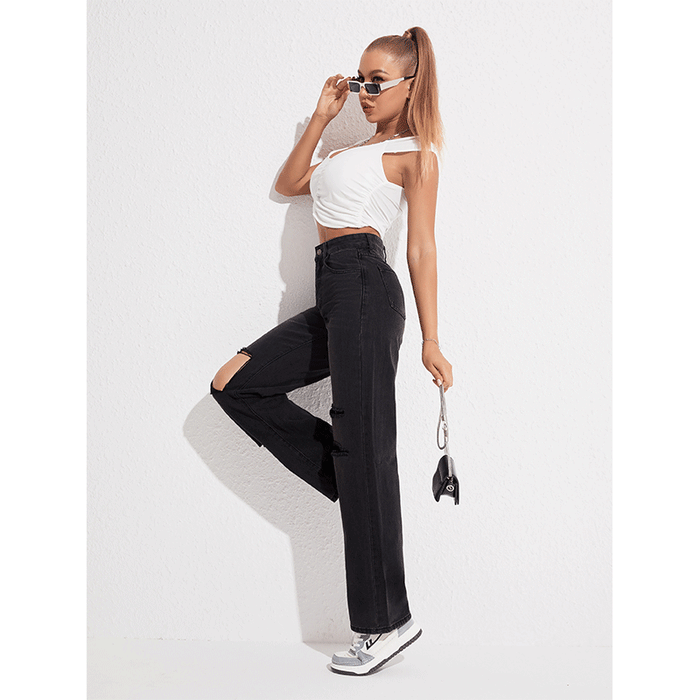 Summer Jeans Women Black Ripped Straight Casual Trousers Street