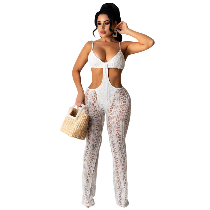 Women Jumpsuit Spring Summer Perspective Sexy Lace Fabric Jumpsuit